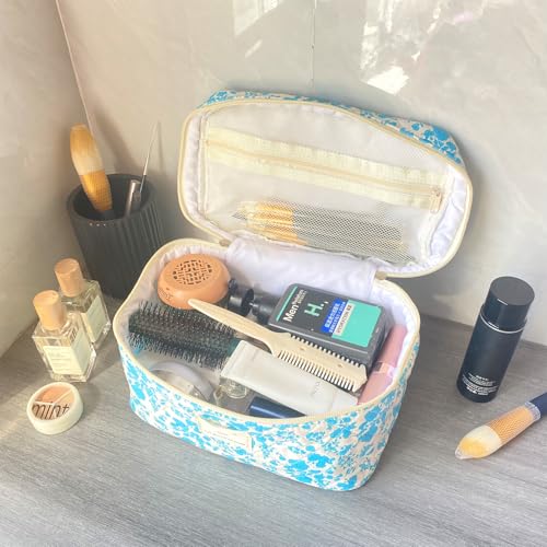 Lake Blue Large Quilted Floral Makeup Bag Cute Soft Coquette Aesthetic Cosmetic Bag Cotton Travel Toiletry Bag for Women - color: A-Lake Blue