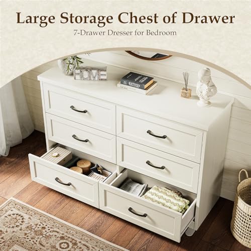 AODK Farmhouse 6 Drawer Dresser for Bedroom, 47” Wide Rustic Storage Dresser with Engineered Wood Frame, Anti-Tip Safety Chest, American Country Bedroom Furniture, Vintage White - color: Vintage White, size: 15.7"D x 47"W x 30.4"H (6 Drawers)