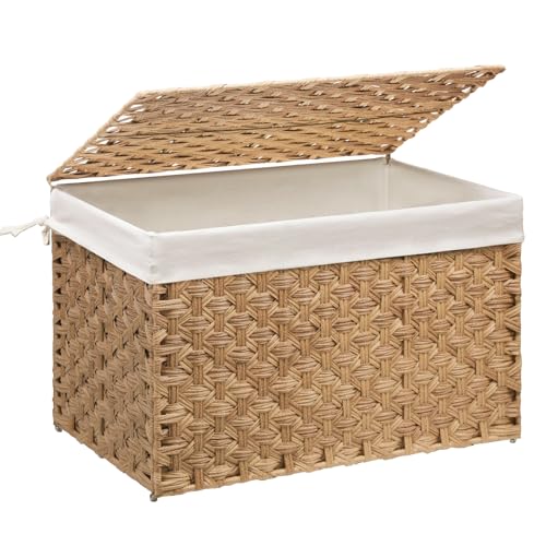 Wicker Storage Basket with Lid, 52.8 Gallon (200L) Large Blanket Basket with Lid, Woven Storage Bin with Handles, Removable Liner, Metal Frame, Foldable, for Bedroom, Laundry Room, Natural - color: Natural, size: 200L:19.7 x 31.5 x 19.7 Inches