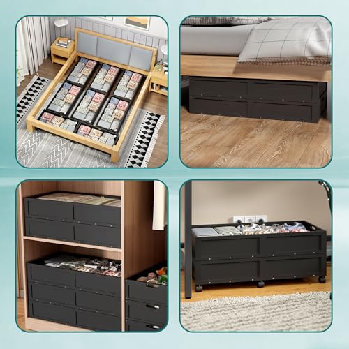WISUCART Wood Under Bed Storage Containers Underbed Organizer with Wheels Sturdy Wood Rolling Under Bed Shoe Storage Organizer 2 Packs (Black, Large) - color: Black