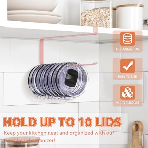 Tumbler Lid Organizer, Horizontal Tumbler Lid Storage Hook Up to 10 Lids, Space Saving Cup Lid Holders Under Cabinet Tumbler Lid Hook for Kitchen Organizer and Storage, Paper Towel Rack Hanger (Pink) - color: Pink, size: 1 Pack
