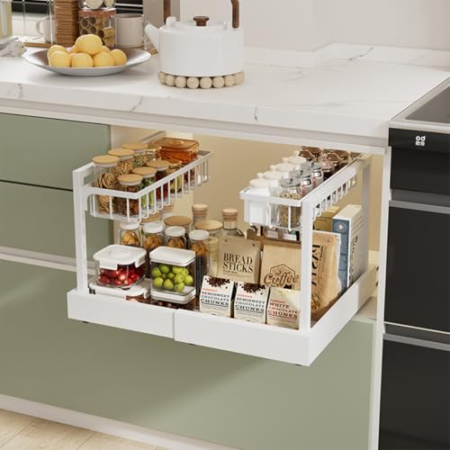 Under Cabinet Organizer Rack, White Metal 2-Tier Storage Shelf, Expandable 32-52cm Width, Modern Style, Kitchen Counter Organization with Hardware
