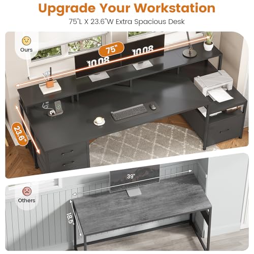 SEDETA 75'' Computer Desk with 5 Drawer, Power Outlet & Led Lights, Home Office Desk with File Drawer, Storage Shelves, Printer Cabinet and Monitor Shelf, 23.6" W Large Desktop Gaming Desk, Black - color: Black, size: 75X23.6inch