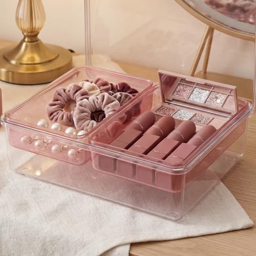 MOSSRIVER 3 Pack Clear Drawer Organizer Set, Plastic Desk Organizer Bin with Lid & Trays, Colorful Storage Box with Removable Trays for Cosmetics, Jewelry, Bedroom, Bathroom, Office, Combo 02 - color: Color 02