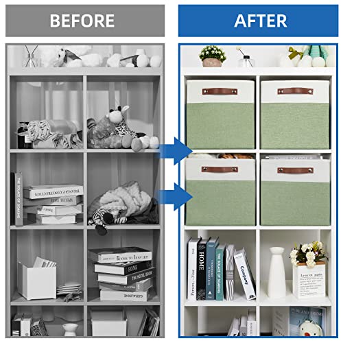 Temary 12 Inch Fabric Storage Cubes Storage Bins with Leather Handles, 4 Pack Cube Baskets Bins for Organizing Closet, Foldable Cloth Baskets for Shelves (White&Green) - color: White&Green, size: 12×12×12