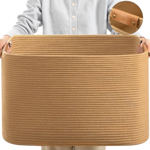 danpinera 108 L Blanket Basket for Living Room, Toy Basket With Leather Handle, Large Storage Bins for Toys, Pillows, Clothes, Rectangle Large Cotton Rope Basket, 25’’*16’’*16’’ Jute - color: Jute, size: 108L