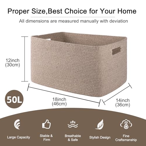 OIAHOMY Cotton Rope Basket, Rectangle Woven Nursery Blanket Basket, Toy Storage Basket with Handle, Baskets for Organizing, 18”x14”x12”, Brown variegated - color: Brown variegated, size: 18”x14”x12”