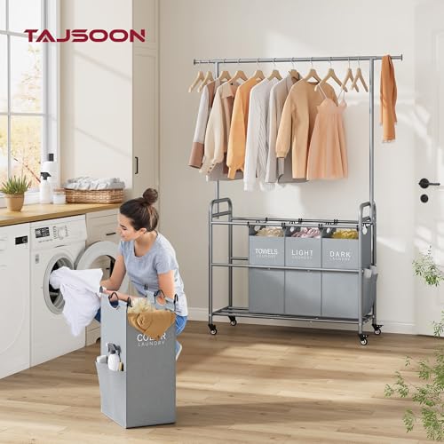 Tajsoon Laundry Sorter with Hanging Bar, 4 Section Rolling Laundry Hamper with Heavy Duty Lockable Wheels, Laundry Sorter Cart for Bathroom & Bedroom, Gray - color: Gray, size: 4 bag