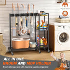 Broom Holder with Cleaning Supplies Organizer, Broom Closet Storage Cabinet with Cleaning Caddy, Cleaning Cart with Mop Hanger Gripper Rack Hooks,Janitorial Housekeeping cart,Laundry Room Organization - size: Large