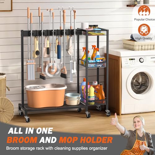 Broom Holder with Cleaning Supplies Organizer, Broom Closet Storage Cabinet with Cleaning Caddy, Cleaning Cart with Mop Hanger Gripper Rack Hooks,Janitorial Housekeeping cart,Laundry Room Organization - size: Large