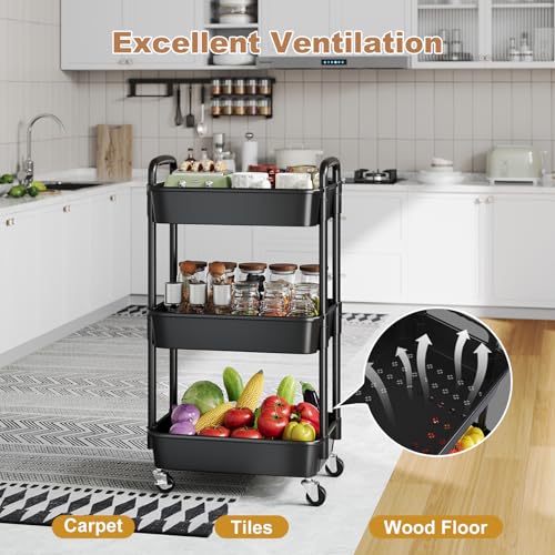 3 Tier Rolling Cart with Wheels, Black Plastic Three Tiered Shelf Organizer Carts on Lockable Wheels, Small Utility Storage Trolley for Diaper Caddy, Snack, Art, Cleaning Supplies, Kitchen, Bathroom - color: Black