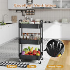 3 Tier Rolling Cart with Wheels, Black Plastic Three Tiered Shelf Organizer Carts on Lockable Wheels, Small Utility Storage Trolley for Diaper Caddy, Snack, Art, Cleaning Supplies, Kitchen, Bathroom - color: Black