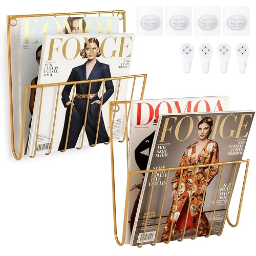 2-Pack Wall Magazine Holder File Organizer Mental , Wall Mounted Magazine Rack for Space-Saving, Walls Magazine Holder for Mail, Bathroom & Home Office Organizer, Office Living Room(Gold)