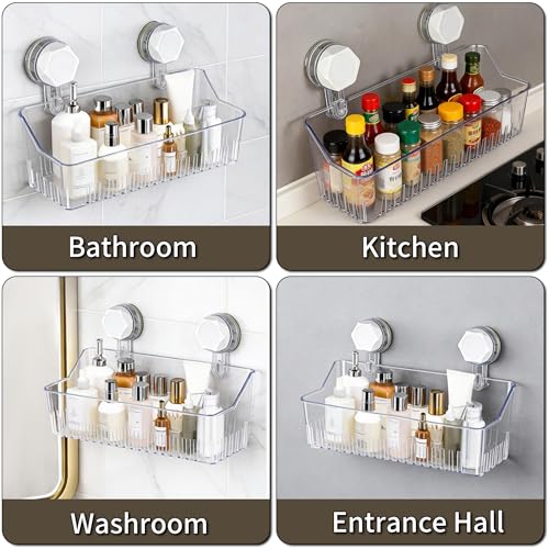 No Drill Bathroom Suction Storage Box, Strong Load-Bearing Shower Caddy Suction Cup Storage Rack with Drain Holes, Removable Hanging Wall Mount Shower Caddy Organizer for Bathroom, Kitchen