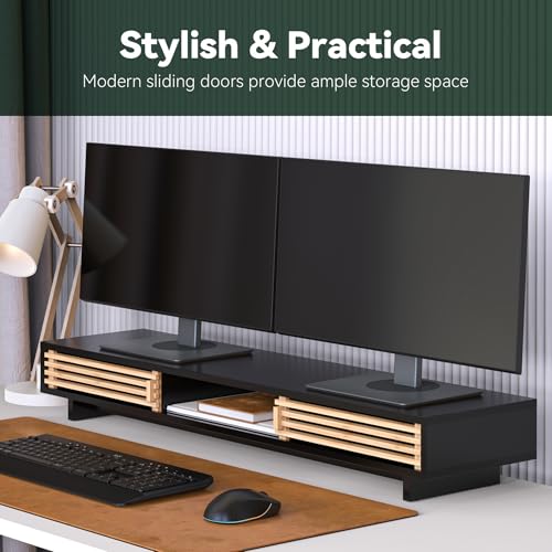 Dual Monitor Stand with Sliding Bamboo Doors - Heavy Duty Wood Computer Monitor Riser for 2 Screens, Ergonomic Desk Organizer with Storage & Keyboard Tray, Natural & Black (38 Inch) - color: Black + Natural Bamboo, size: 38 Inch