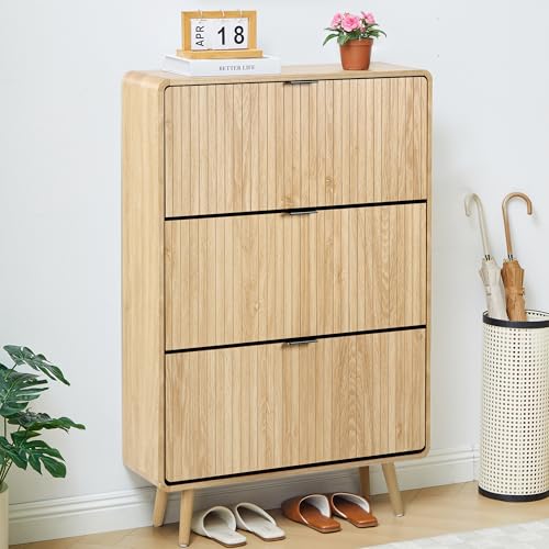 FurSch Fluted 47 Inch Tall Shoe Cabinet with 3 Flip Drawers, Narrow Hidden Shoe Storage Organizer Rack for Entryway Hallway (All Natural) - color: All Natural