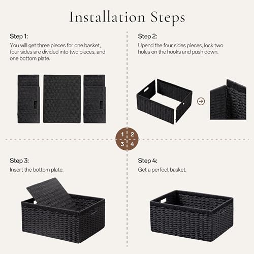 UBBCARE 3 Pack Wicker Basket, 13.4L×8.3H×7.1W inch Woven Paper Rope Storage Baskets for shelves, Foldable Rectangular Storage Baskets with Handle, Storage Basket for Organizing, Black - color: Black, size: 3pack Medium
