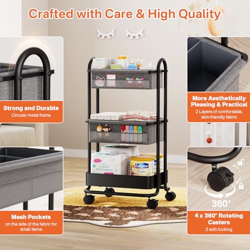 Modanais Baby Diaper Caddy Organizer Cart - 3 Tier Rolling Storage Cart with Wheels, Baby Essentials for Nursery Storage, Detachable Dividers - for Crib, Bedroom, Art & Craft Organizer (Black) - color: Black