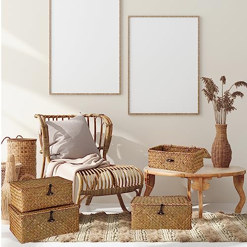 Woanger Set of 4 Wicker Storage Baskets Organizer，Handwoven Storage Bins with Lid for Organizing, Home Utility Box for Home Office Supplies Multipurpose Container(Orange) - color: Orange
