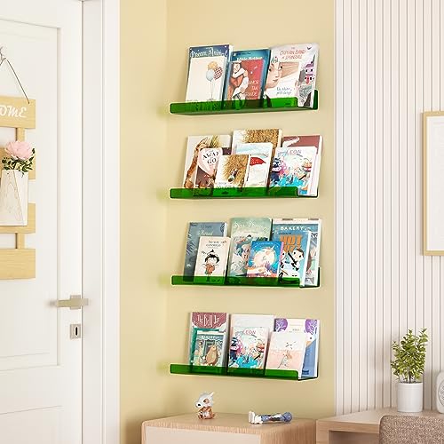upsimples Acrylic Shelves for Wall Decor, 15" Display Shelf Perfume Organizer for Bathroom, Bedroom, Living Room, Floating Bookshelves for Kids, Clear Green, 4 Pack - color: Green