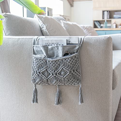 Mkono Macrame Couch Organizer Remote Control Caddy Sofa Armrest Armchair Bedside Storage Holder Bag for TV Remote, Magazine, Books, Cell Phone, iPad, Boho Living Room Home Dorm Decor, Grey - color: Grey, size: Medium