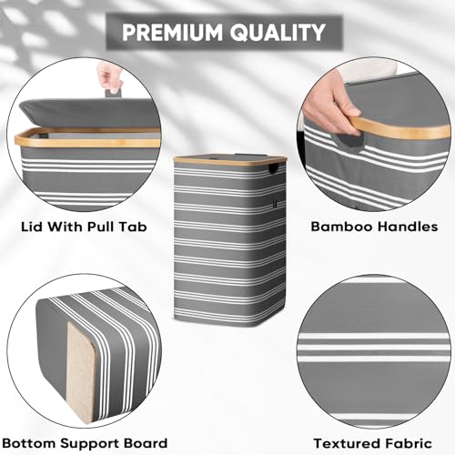 BALEINE Laundry Hamper with Lid, Tall Laundry Baskets with Bamboo Pull Handles, Large Laundry Bin with Internal Support (18 Gal/70L, Grey Pinstripe) - color: Grey Pinstripe, size: 70 liters