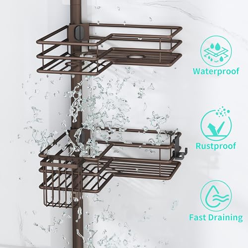 HapiRm Corner Shower Caddy Organizer - Shower Organizer Corner with Soap Holder, Toothbrush Holder and 4 Hooks, Rustproof Bathroom Shelf Tension Pole Available for 27.6 to 108.3 Inch - Bronze - color: Bronze