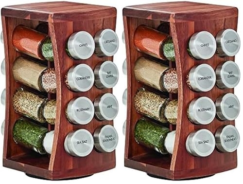 Kamenstein 16 Jar Hourglass Revolving Countertop Spice Rack with Spices Included, FREE Spice Refills for 5 years, Acacia with Stainless Steel Caps,Brown (Pack of 2) - size: 16-Jar (Pack of 2), style: Hourglass