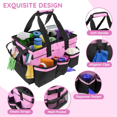 ZKOO Large Cleaning Caddy Bag with Handle, Built-in Sturdy Support Board, Adjustable Shoulder Strap, Multi-compartment Design Cleaning Supply Tote for Cleaners & Housekeepers (Pink) - color: Pink