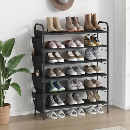 SUOERNUO Shoe Rack Storage Organizer for Entryway Closet Bedroom 6 Tier Free Standing Metal Shoe Shelf Compact Shoe Organizer with Side Bag,Black - color: Black, size: 6 Tier
