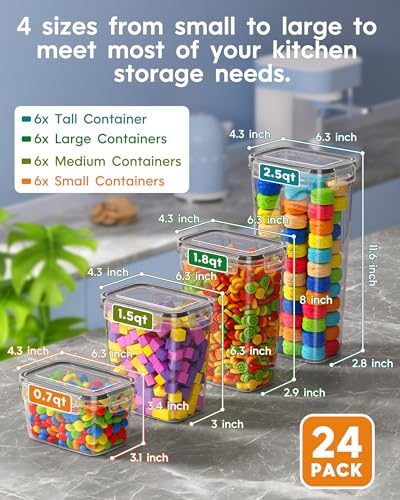 Airtight Food Storage Containers with Lids, 24 PCS Kitchen and Pantry Organization Canisters, BPA-Free, PVC-Free, Food-grade Plastic Leak-proof Jars for Cereal, Flour, Sugar, Extra 24 Labels & Marker - color: 24 Piece
