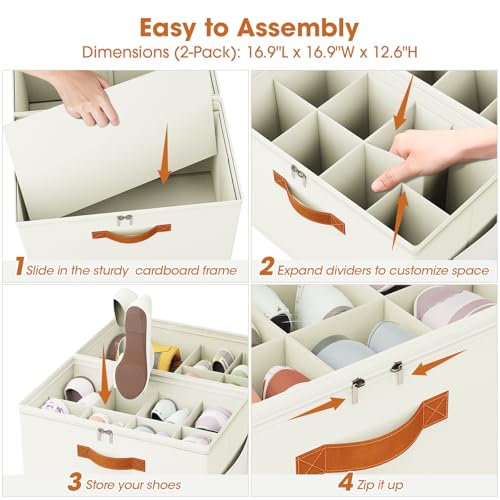 4-Pack Shoe Organizer for Closet, Foldable Shoe Storage Box with Adjustable Dividers & Clear Cover, Fits 32 Pairs, Beige, Durable and Space-Saving - color: Beige, size: 4 Pack