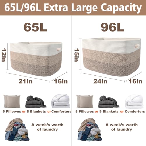 JMvicyroam Woven Blanket Basket,65L Large Storage Bin for Blankets Toys Clothes,Decorative Rope Basket for Living Room Bedroom with Handles, White&Brown - color: White&Brown, size: 65L