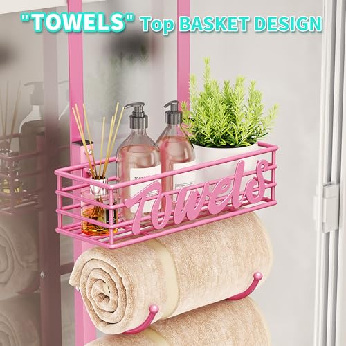 HapiRm Towel Racks for Bathroom Storage - 9 Tier Over The Door & Wall Mount Rolled Towel Storage Organizer Holder with Metal Shelf Basket for Small Bathroom, Camper, Rv - Pink, Patented - color: Pink, size: 9-Tier