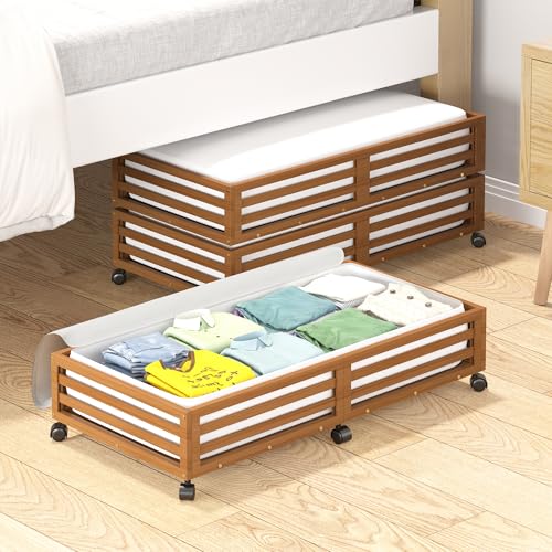 Wisuce Bamboo Under Bed Storage Containers- Underbed Organizer with Wheels with Dust Bag,Sturdy Wood Rolling Under the Bed Shoe Storage Organizer Drawers (Brwon, 2 Pack (33.07"×16.54")) - color: Brwon, size: 2 Pack (33.07"×16.54")