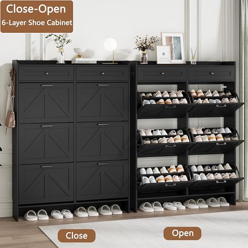 Shoe Cabinet with 6 Flip Drawers & 2 Top Drawers, 57" Tall Freestanding Narrow Wooden Shoe Storage Organizer for Entryway, Hidden Slim Shoe Rack for Front Door Entrance, Hallway, Living Room, Black - color: Black, size: 6 Flip Drawers