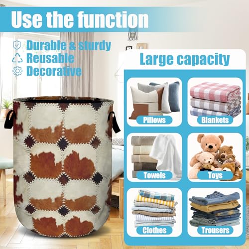 Vintage Brown Cowskin Laundry Basket, Laundry Hamper Collapsible Oxford Cloth with Handle Clothes Toy Storage Bin for Bathroom Laundry Room Bedroom 15.7 X 20 Inch - color: Vintage Brown Cowskin