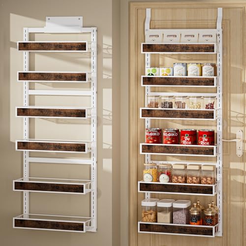 6 Tier Over The Door Pantry Orangizer 2 IN 1 Wall Mounted or Hanging Spice Rack with Adjustable Wood Basket,Heavy Duty Seasoning Storage Shelf for Kitchen Pantry and Bathroom - color: White-Wood, size: 6 Tiers