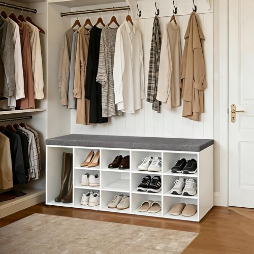 DINZI LVJ Shoe Storage Bench with Cushion, 13-Cubby Shoe Rack, Adjustable Shelves, Multifunctional Shoe Organizer Bench for Entryway, Mudroom, Hallway, Living Room, Bedroom and Garage, White - color: White, size: 13 Cubby