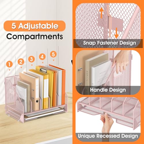 Desk File Folder Holder Organizer-5 Vertical Compartments Racks and Paper Letter Tray,Mesh Magazine File Holder Sorter,Desktop Accessories & Workspace Organizers for Home,Office,School-Pink - color: 5 Compartments-pink