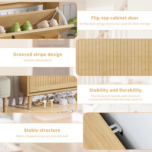 Fsbecl Shoe Storage Cabinet for Entryway with 2 Flip Drawers, Narrow Wood Shoe Cabinet with Fluted Panel, Freestanding Hidden Shoe Organizer for Foyer, Hallway (Wood Color - No Shelf) - color: Wood Color - No Shelf