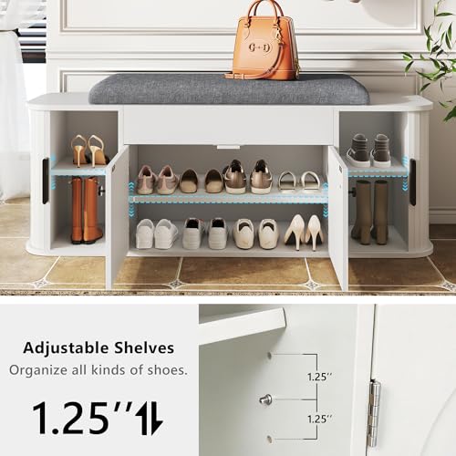 Einhomn 47.2'' Sliding Door Entryway Shoe Storage Bench with Seat Cushion, Shoe Rack with Lift-Top Hidden Storage & Adjustable Shelf, Bench for Bedroom End of Bed, White - color: White
