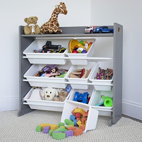 Humble Crew Toy Storage Organizer with Top Shelf and 9 Removable Bins, Grey/White – Toddler Bookshelf with Toy Organizer - Modern Toy Rack Ideal for Kids' Rooms, Playrooms, and Nurseries - color: Grey/White
