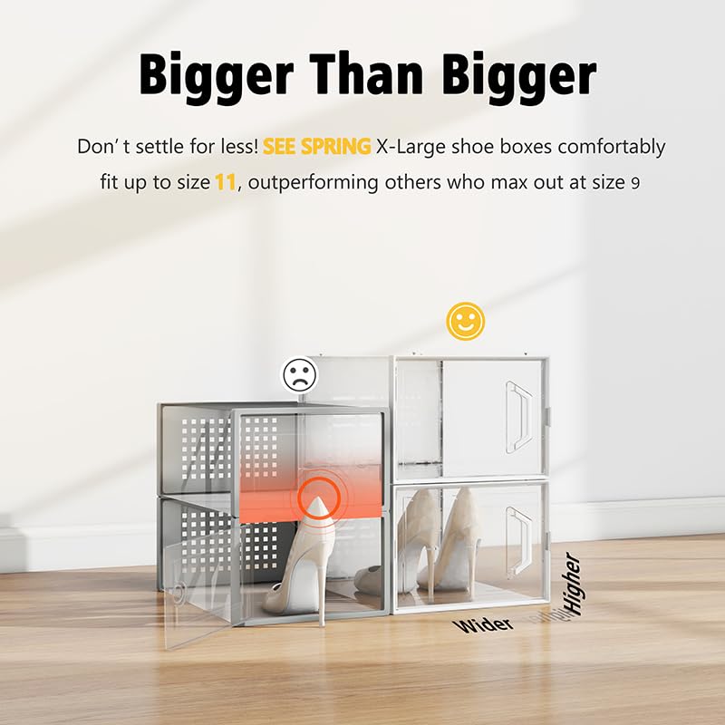 SEE SPRING X-Large Shoe Storage Box Fit Size 11, Clear Plastic Stackable Shoe Organizer for Closet, Space Saving Sneaker Shoe Rack Containers Bins Holders for Entryway, 12 Pack Clear - color: Clear, size: X-Large Fit Size 11