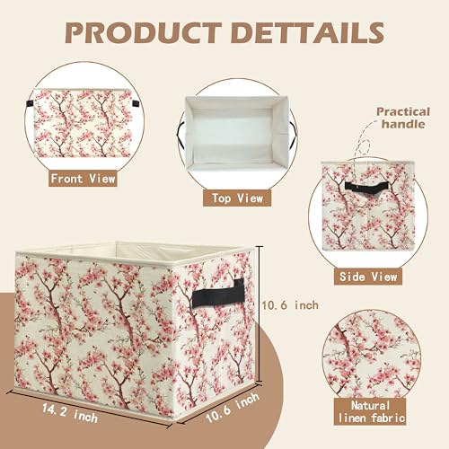 Pink Cherry Blossom Floral Storage Bin Box with Handles, Oriental Aesthetic Cherry Flower Foldable Linen Fabric Laundry Basket for Home Bedroom Bathroom Clothes Toys Books - color: Floral-E