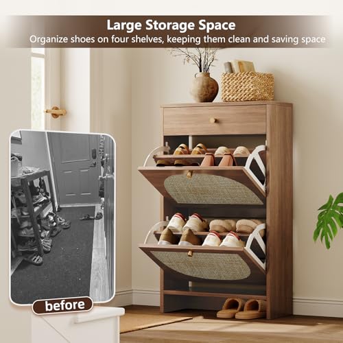 Shoe Storage Cabinet for Entryway, Slim Shoe Rack with 2 Flip Drawers and Top Storage Drawer, Narrow Shoe Organizer with Arched Rattan Accent, Entryway Shoe Storage for Size 13.5 Shoes, Caramel - color: Warm Caramel, style: 2 Flip Drawer & Top Drawer
