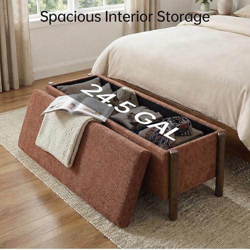 Usaint Wooden Storage Ottoman Bench, 47" Fabric Upholstered End of Storage Bench with Rubberwood Legs, Entryway Bench with Storage for Bedroom, Living Room, Reception, Cloakroom, Rusty Red - color: Rusty Red