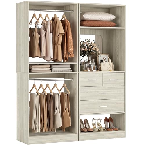 Unikito 50” Closet System with 4 Drawers, 4.2FT Wood Closet Organizer with Hanging Rod and Mirror, Reversible Small Walk in Closets Wardrobe, Adjustable Sturdy Clothes Garment Rack, White Oak - color: White Oak, size: 50 Inch