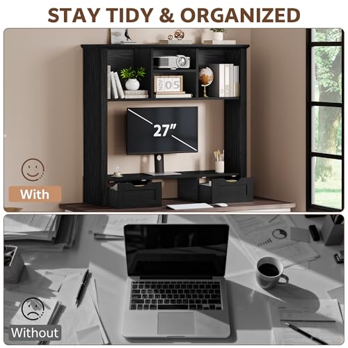 Desk Shelf with Computer Monitor Stand, 37.4''W Desktop Bookshelf Display Rack, Desktop Organizer Storage Rack with Cubbies & Drawers, 5-Tier Hutch for Home, Office, Dorm, Vanity, Black - color: Black, size: 37.4''W with Monitor Stand