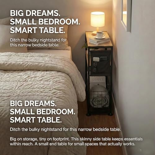 Skinny Side Table with Storage, 3 Tier Slim Side Tables for Small Spaces, Skinny End Table Narrow Bedside Table Narrow Side Table for Living Room, Bedroom - color: Oak